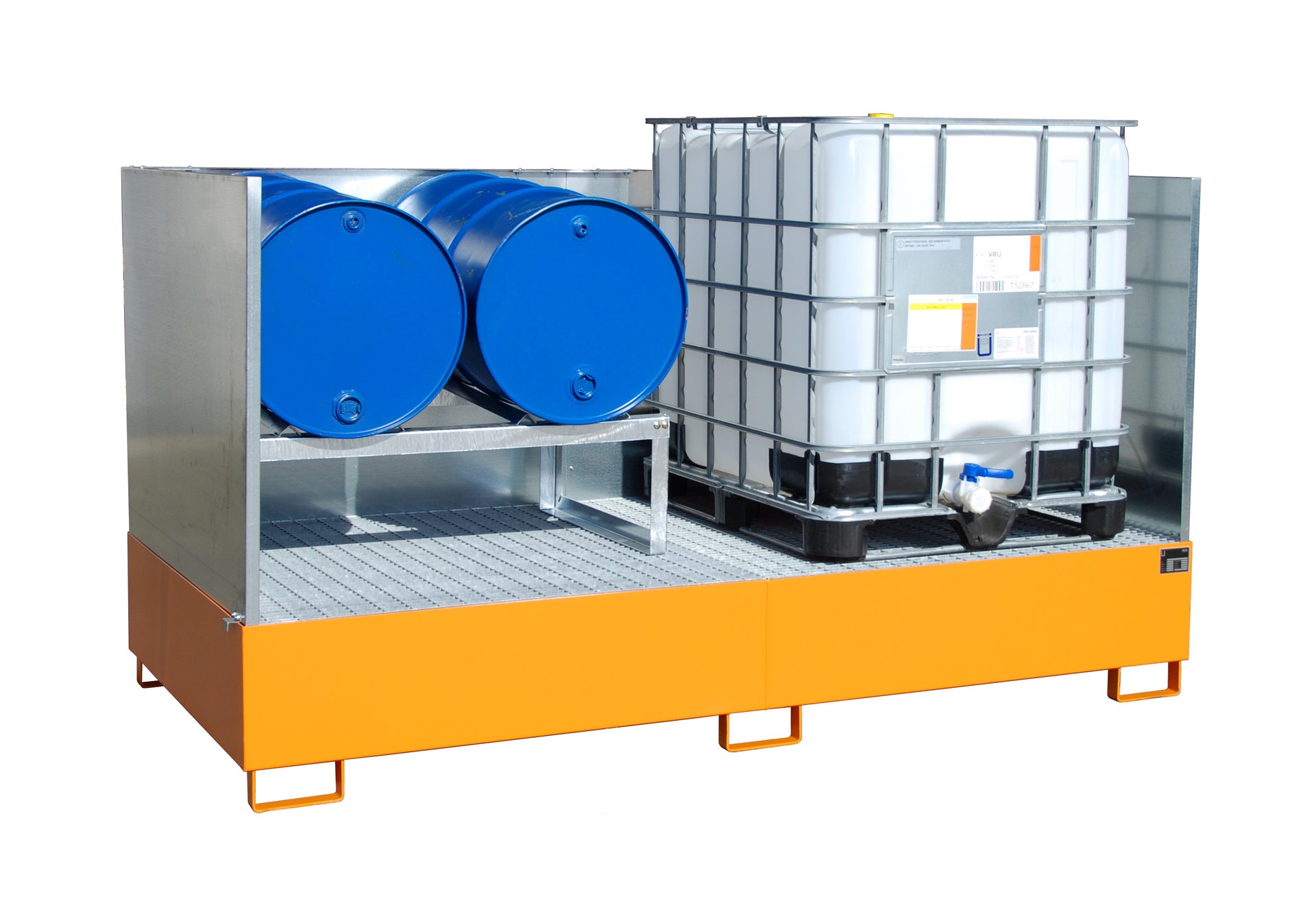 Bild Anwendungsbeispiel Aufffangwanne AW 1000-2 gelborange mit Spritzschutzwand