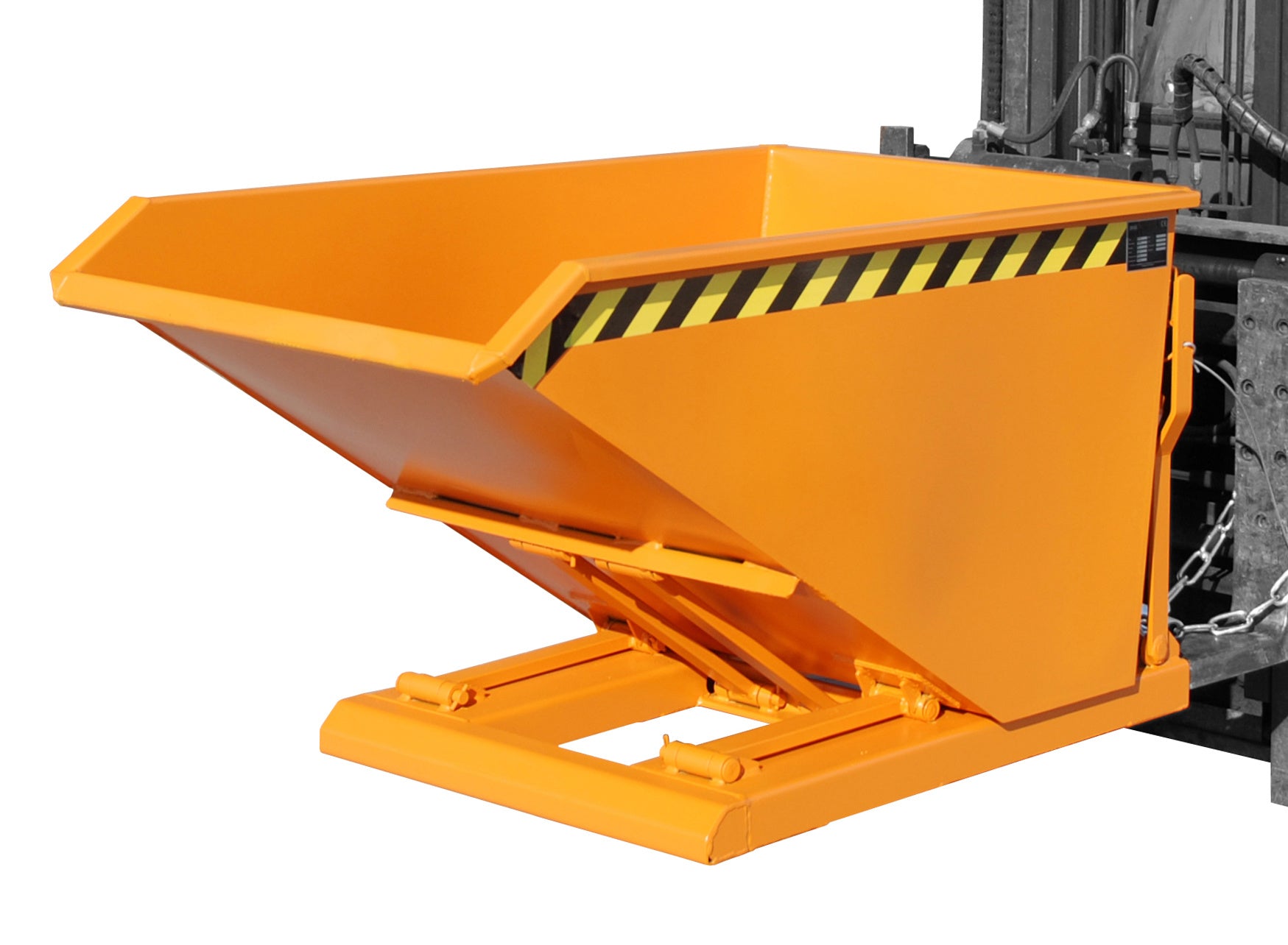 Front-Seitenansicht Kippbehälter NK 50 gelborange am Stapler