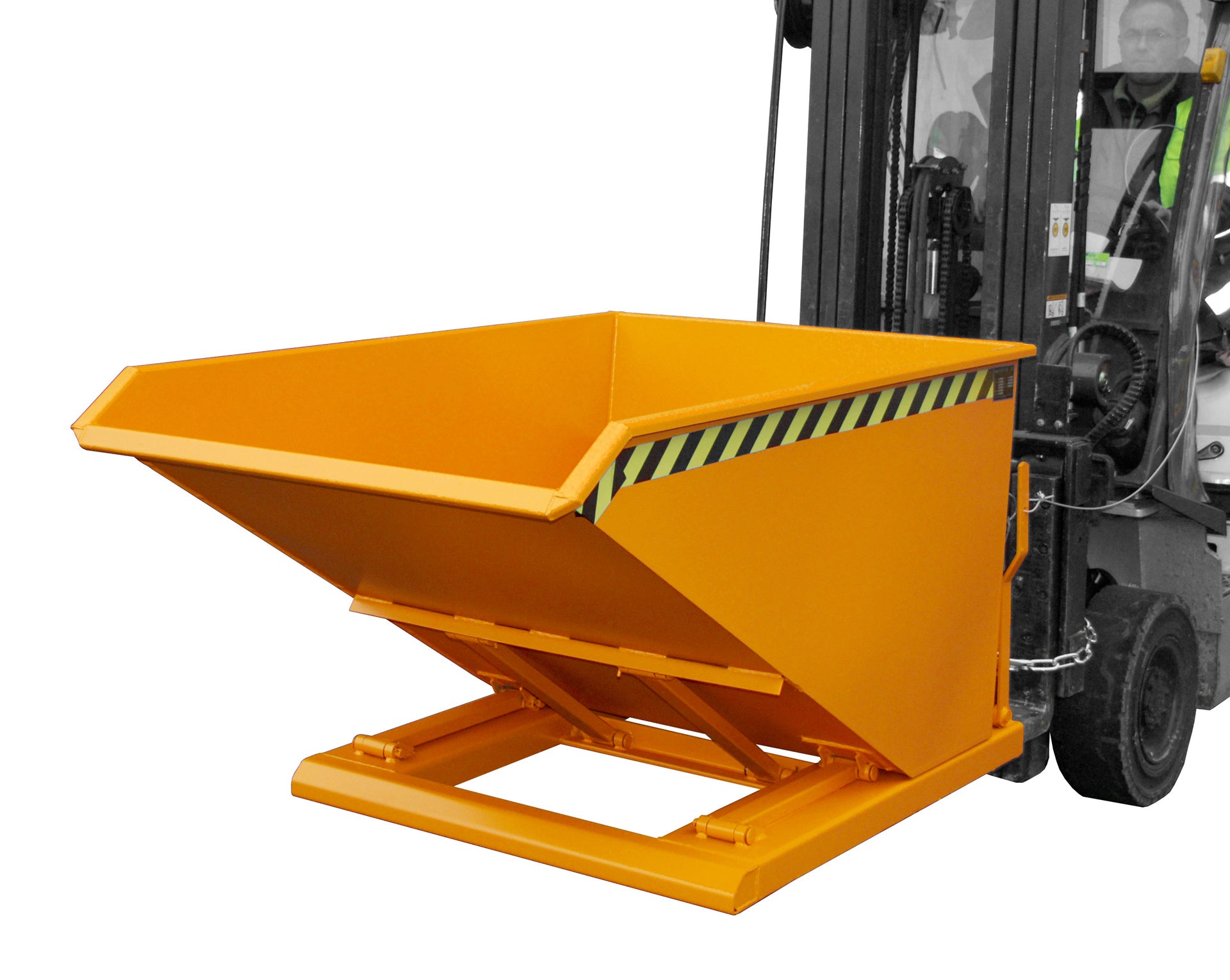 Front-Seitenansicht Kippbehälter NK 75 gelborange in Anwendung