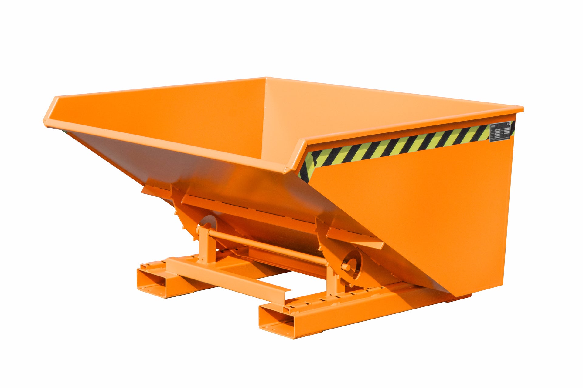 Vorder-Seitenansicht Späne-Kippbehälter EXPO-E 900 gelborange