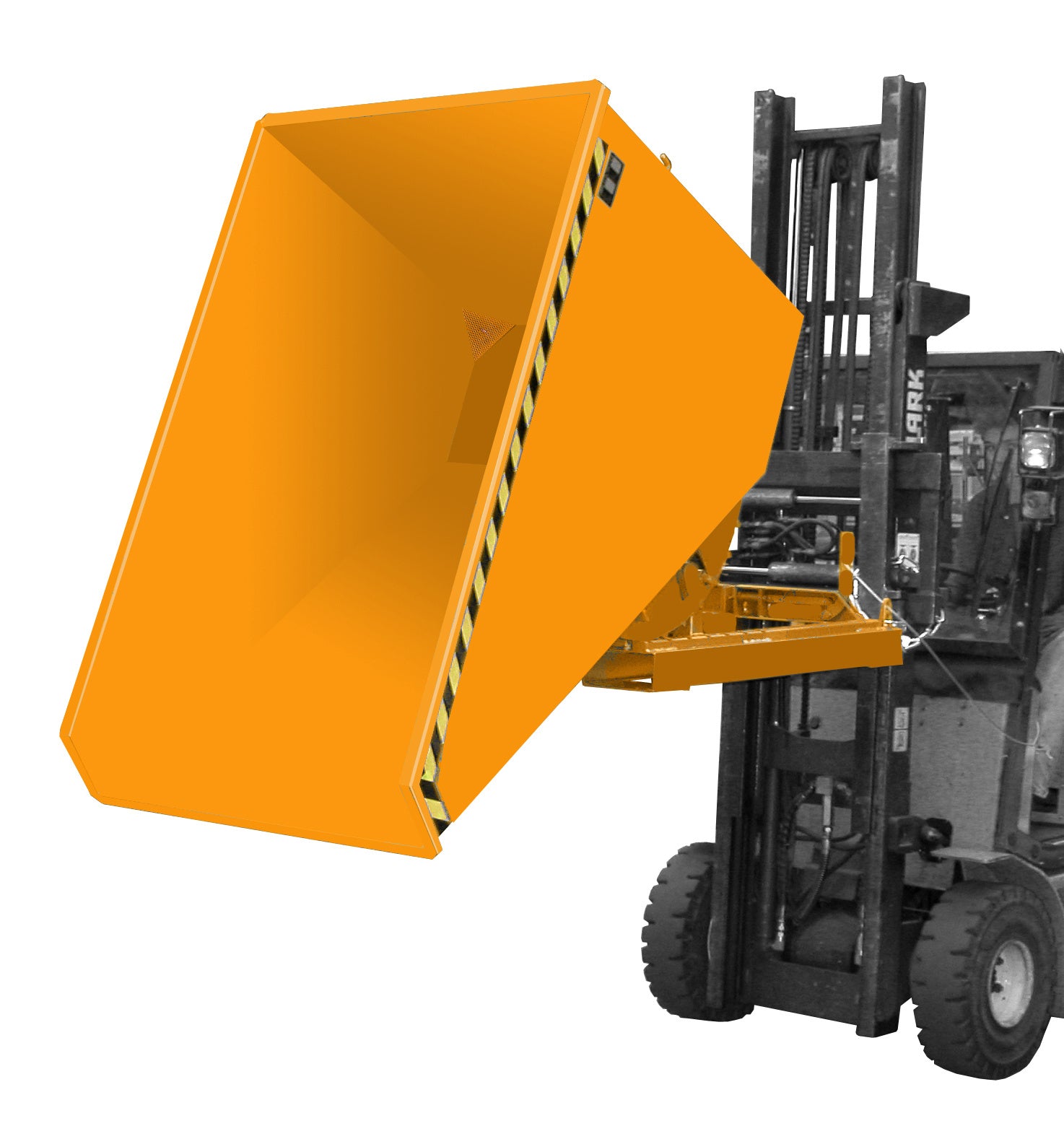 Demo Kippfunktion im Staplerbetrieb Späne-Kippbehälter EXPO-E 900 gelborange