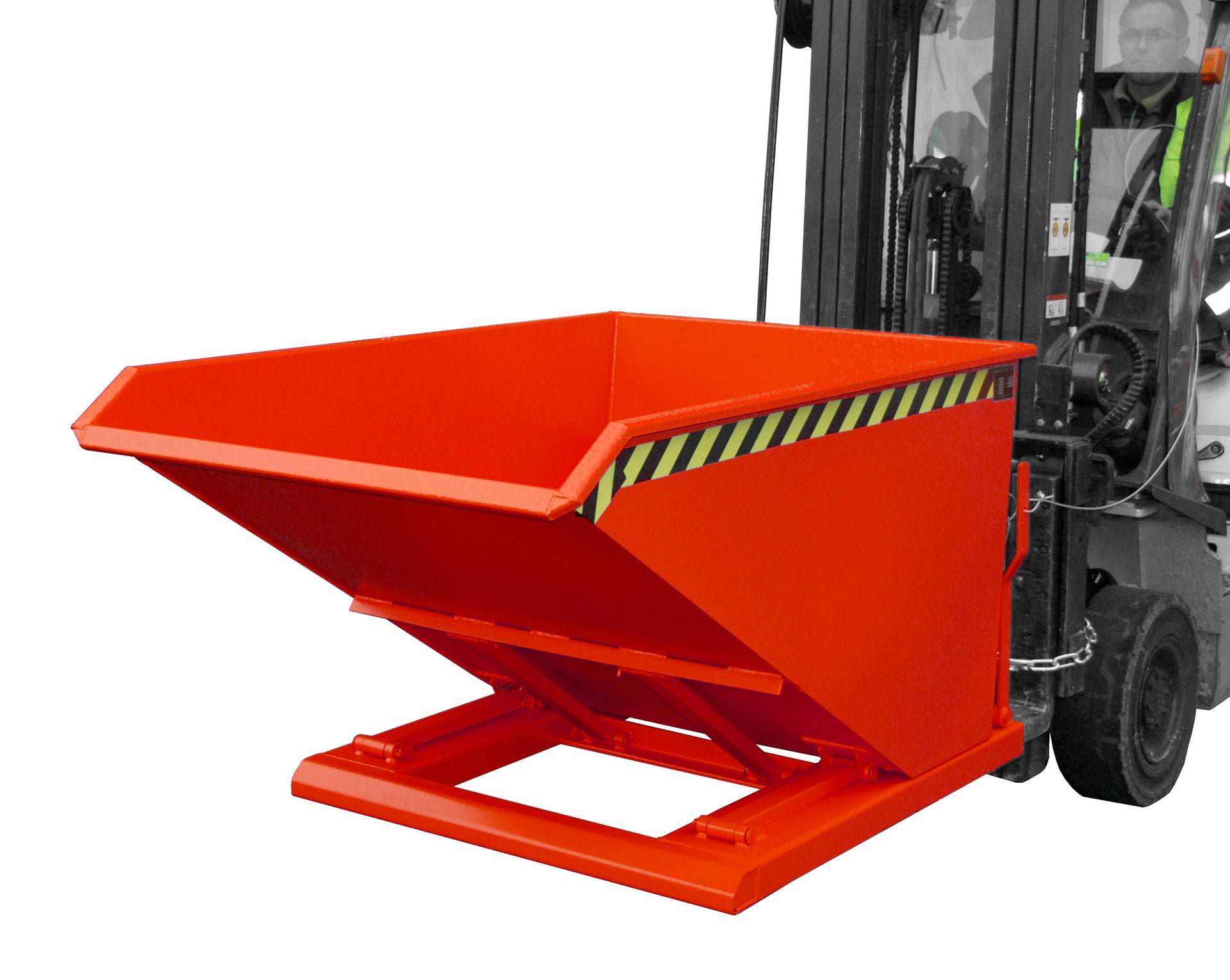 Front-Seitenansicht Kippbehälter NK 75 feuerrot in Anwendung am Stapler