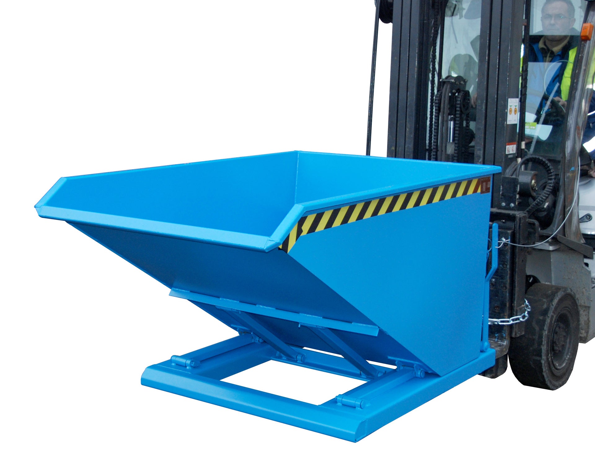 Front-Seitenansicht Kippbehälter NK 50 lichtblau in Anwendung