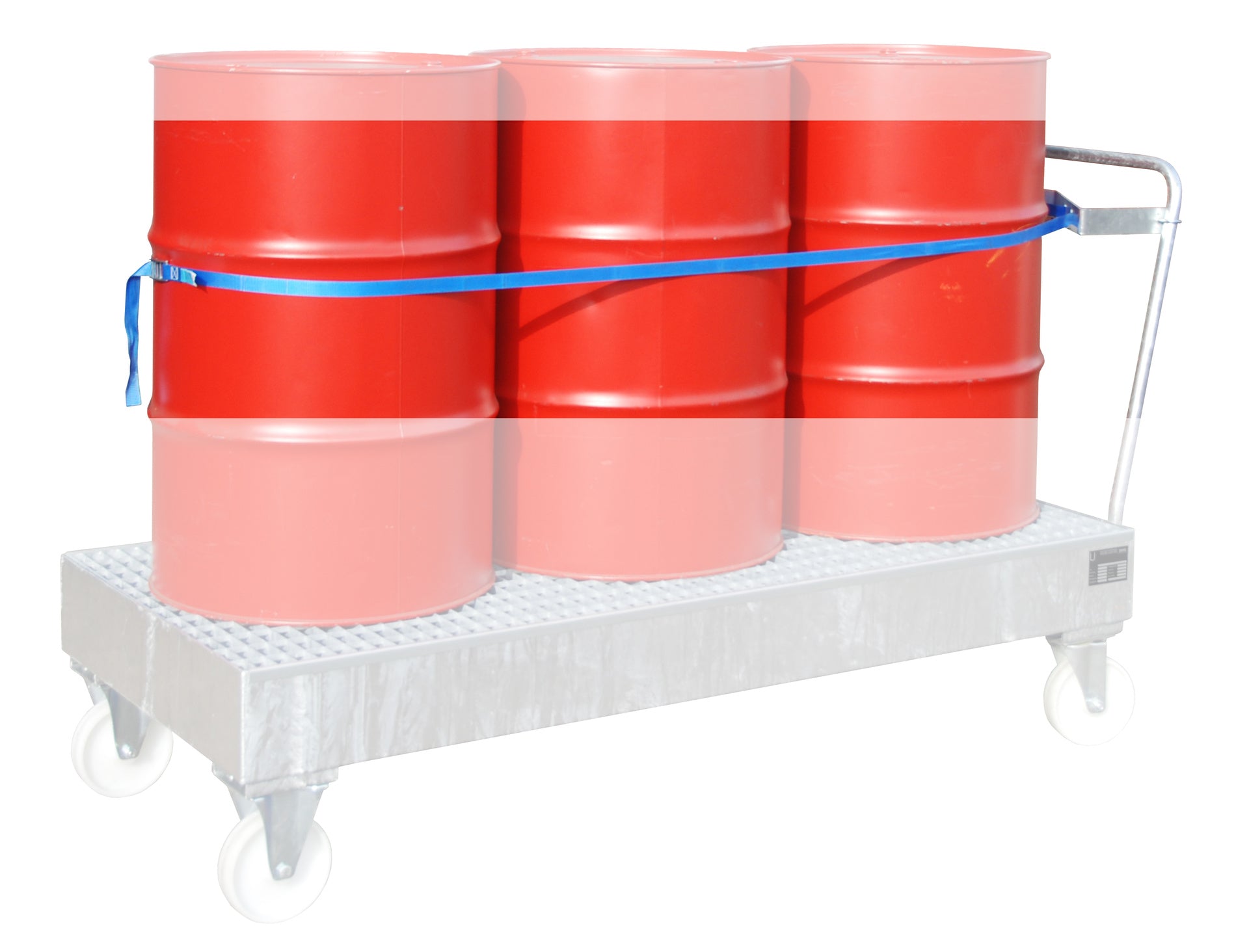 Anwendungsbeispiel Fasshalterung mit Spanngurt für drei 200 ltr. Fässer