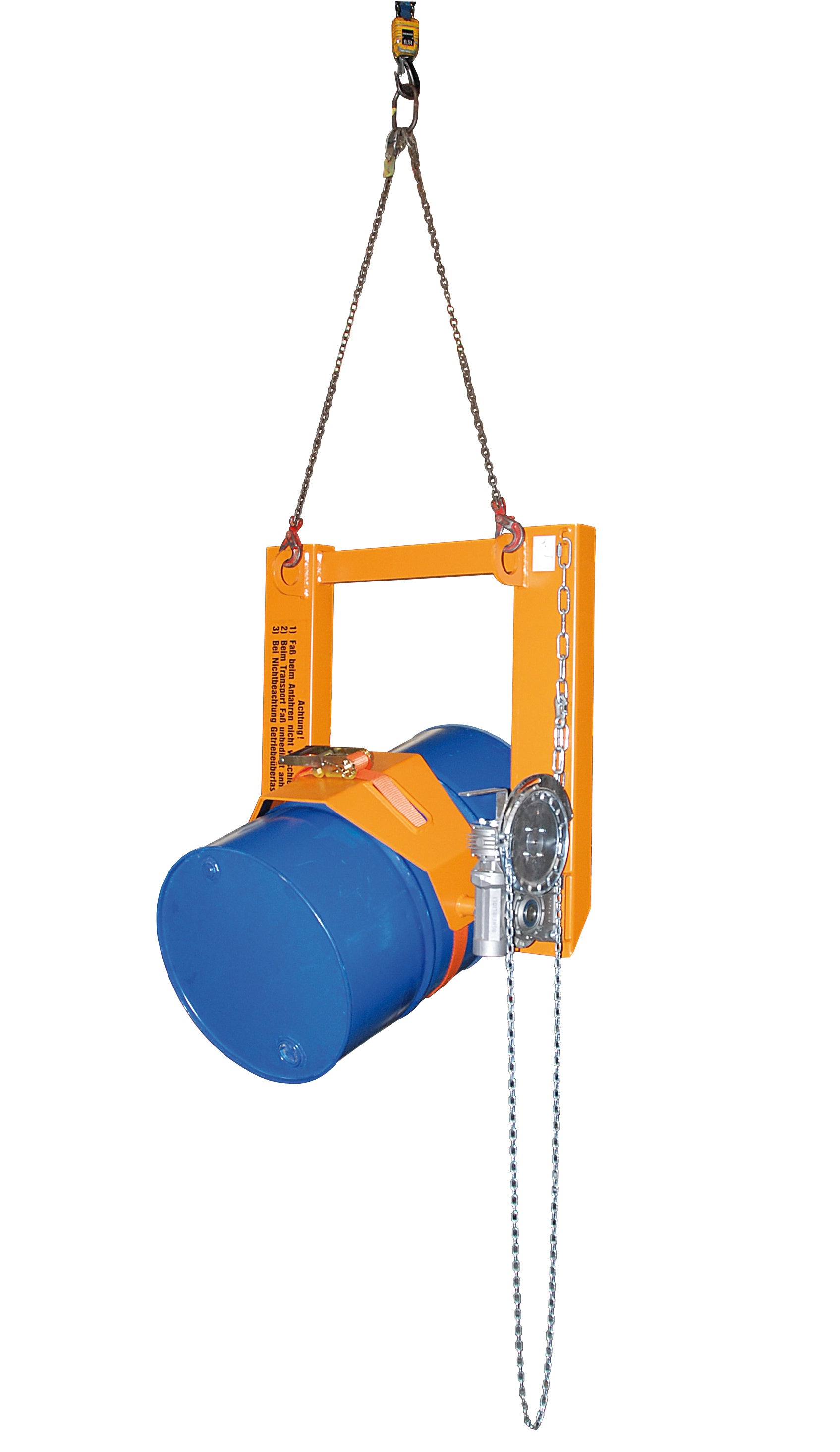 Anwendung Fasskipper FLEX-K mit Kette an Kran gelborange