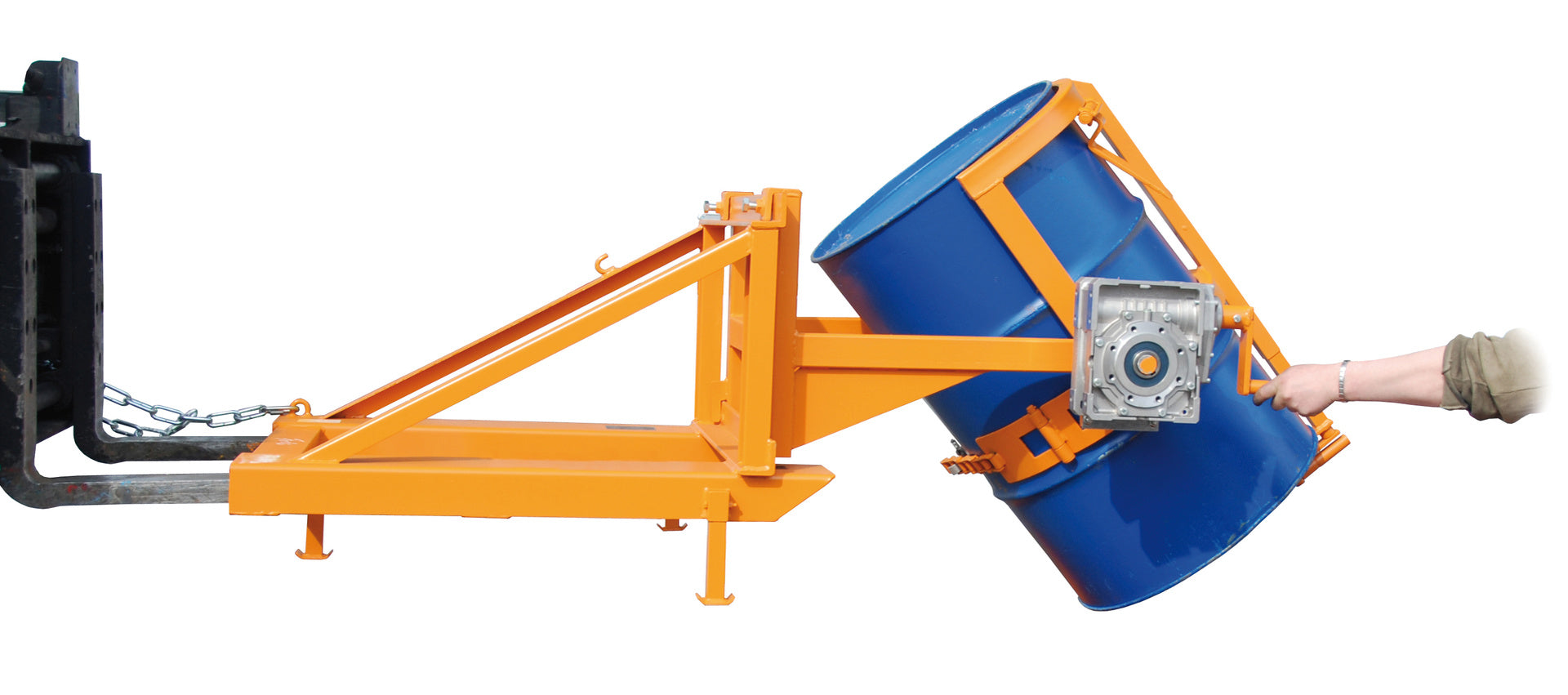 Anwendungsbeispiel Fasskipper Typ FD/L-HK mit Handkurbel gelborange