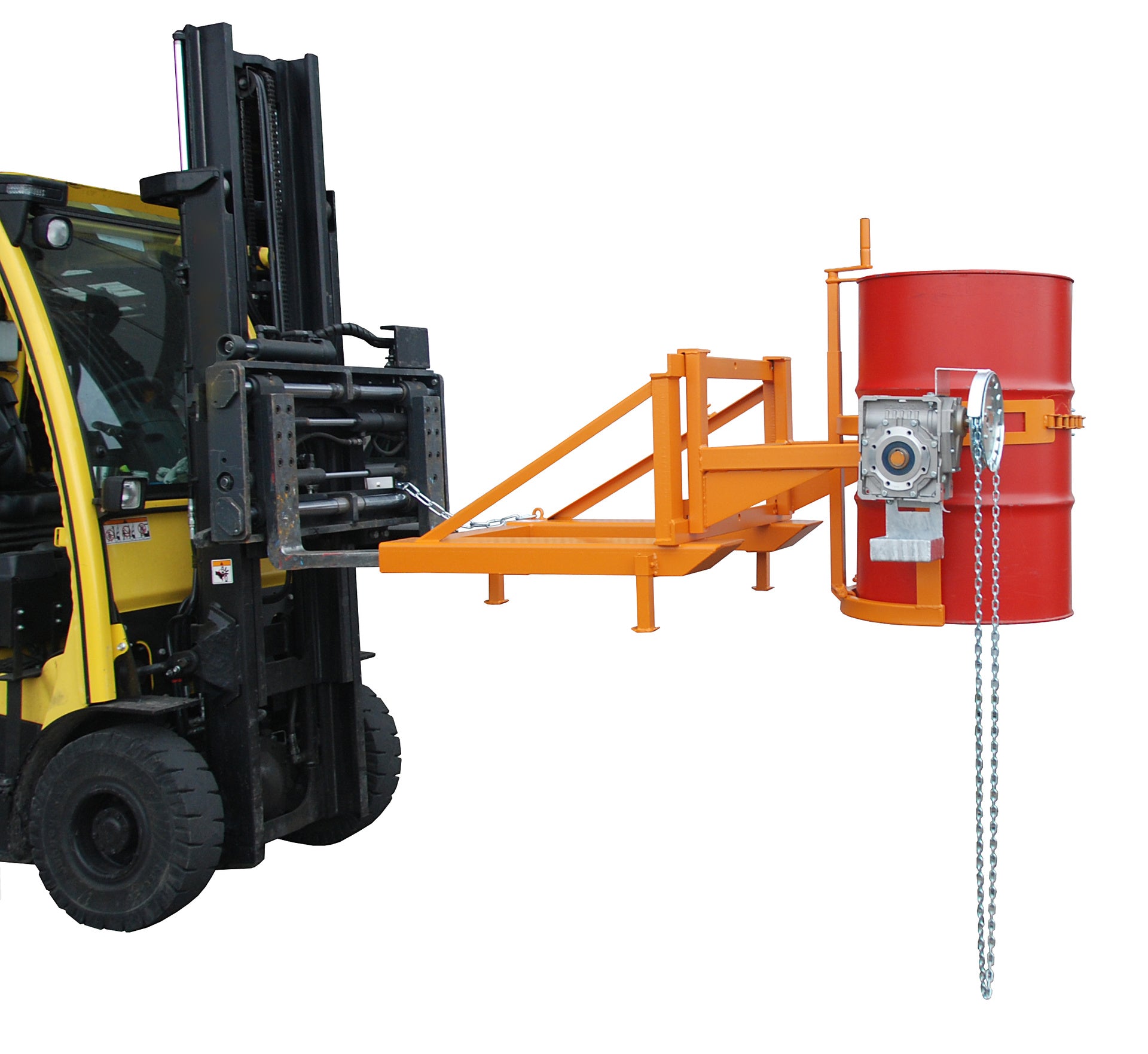 Anwendung Fasskipper Typ FD/L-K mit Endloskette gelborange