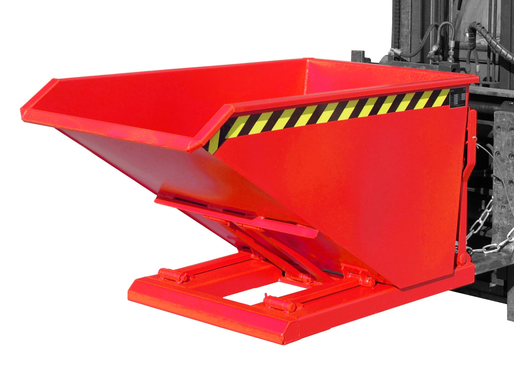 Front-Seitenansicht Kippbehälter NK 50 feuerrot in Anwendung am Stapler