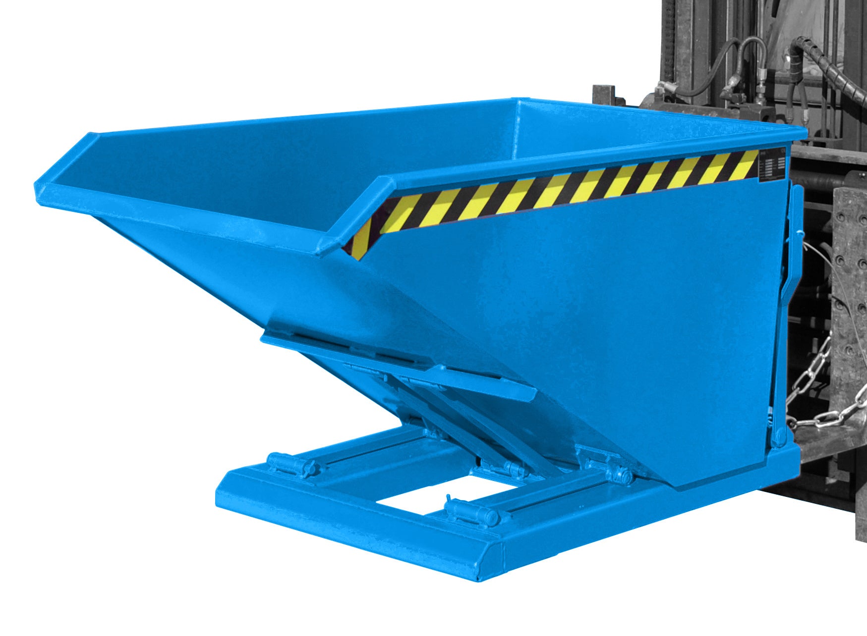 Front-Seitenansicht Kippbehälter NK 50 lichtblau in Anwendung 