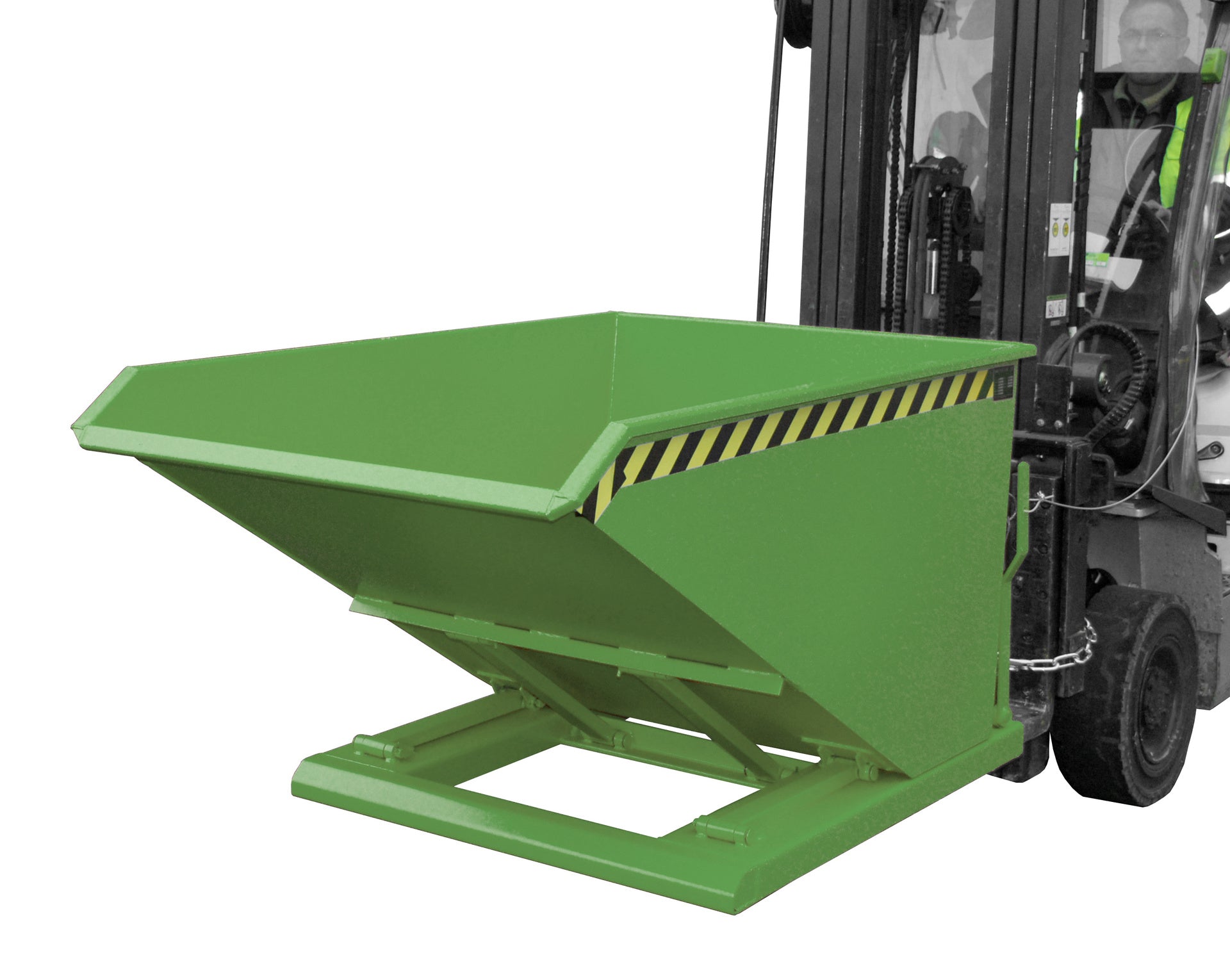 Front-Seitenansicht Kippbehälter NK 75 resedagrün am Stapler