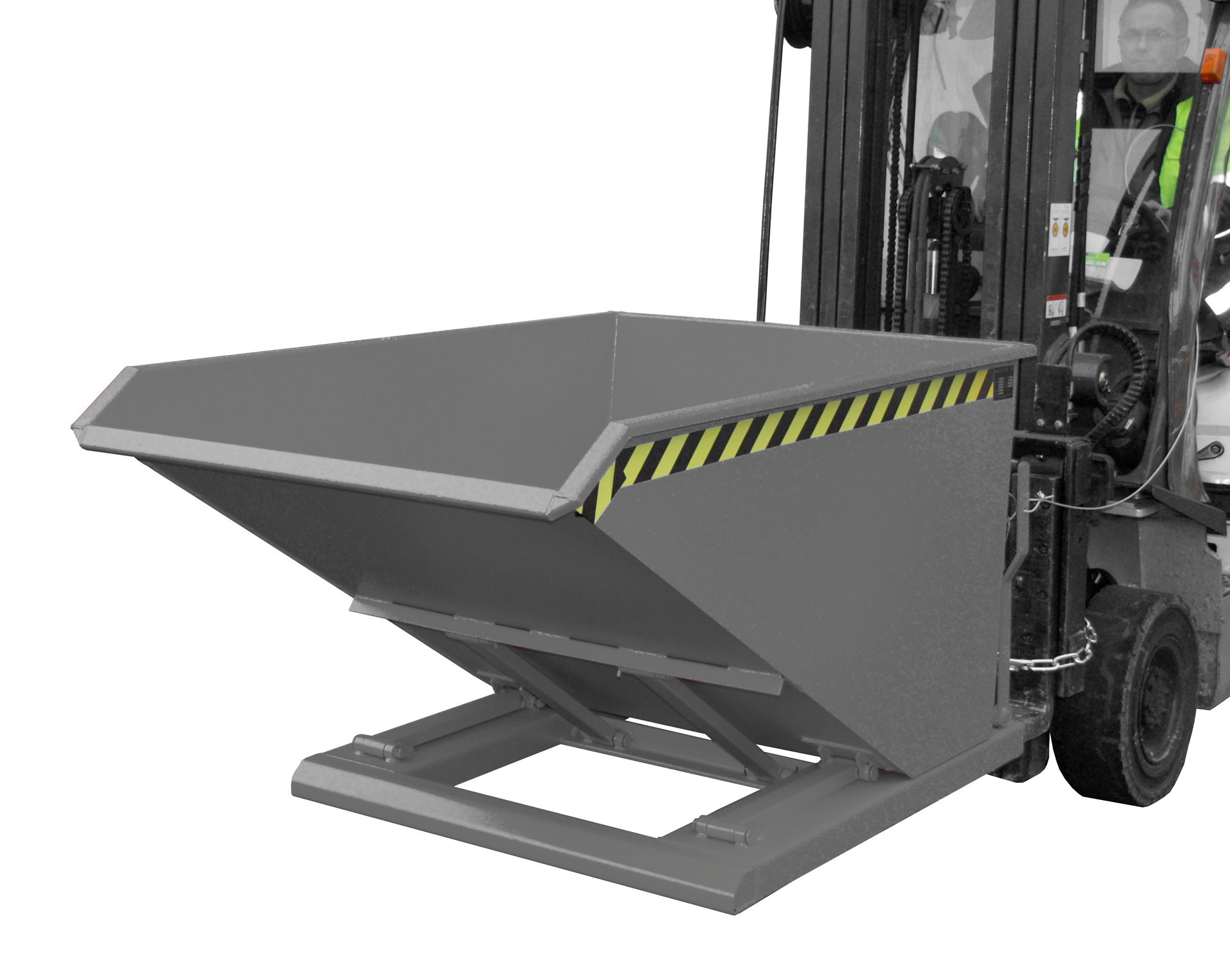 Front-Seitenansicht Kippbehälter NK 75 mausgrau in Anwendung am Stapler