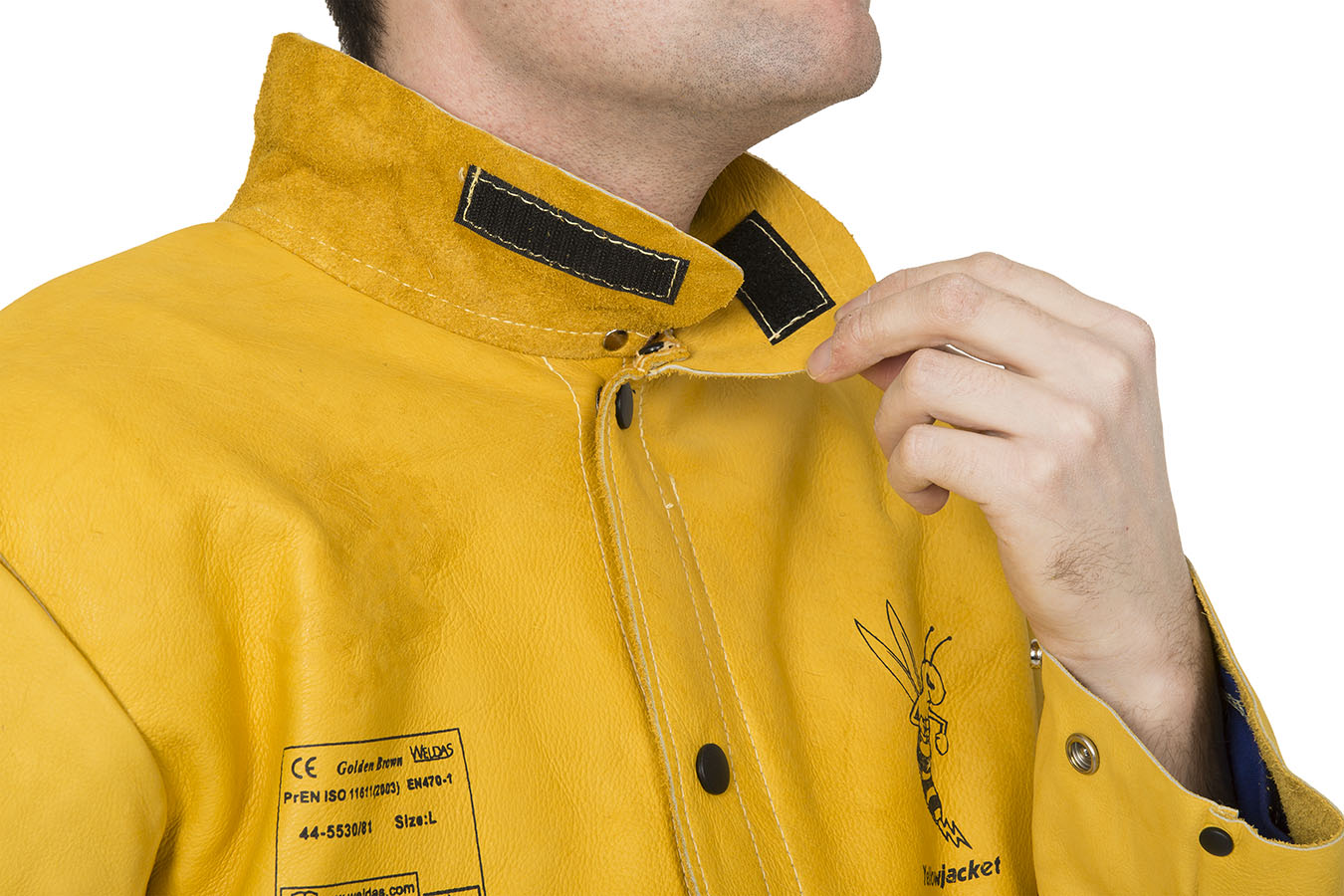 Detailaufnahme Stehkragen der Schweißerjacke Vollleder GM, TÜV-zertifiziert